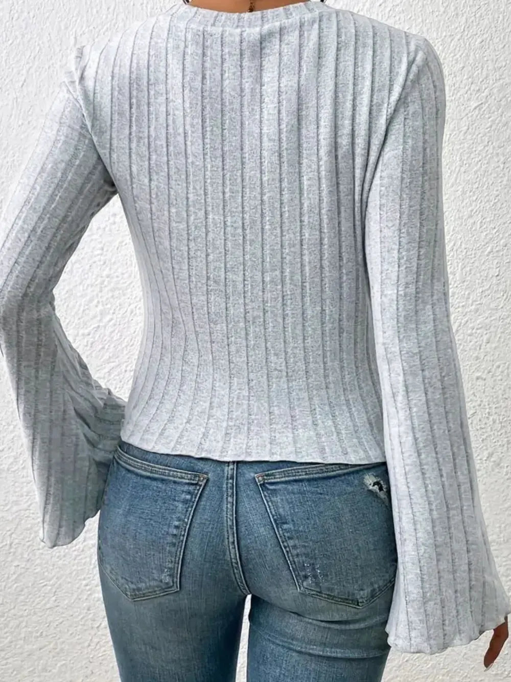 Ribbed Round Neck Flare Sleeve T-Shirt – Trendsi | ClozArt