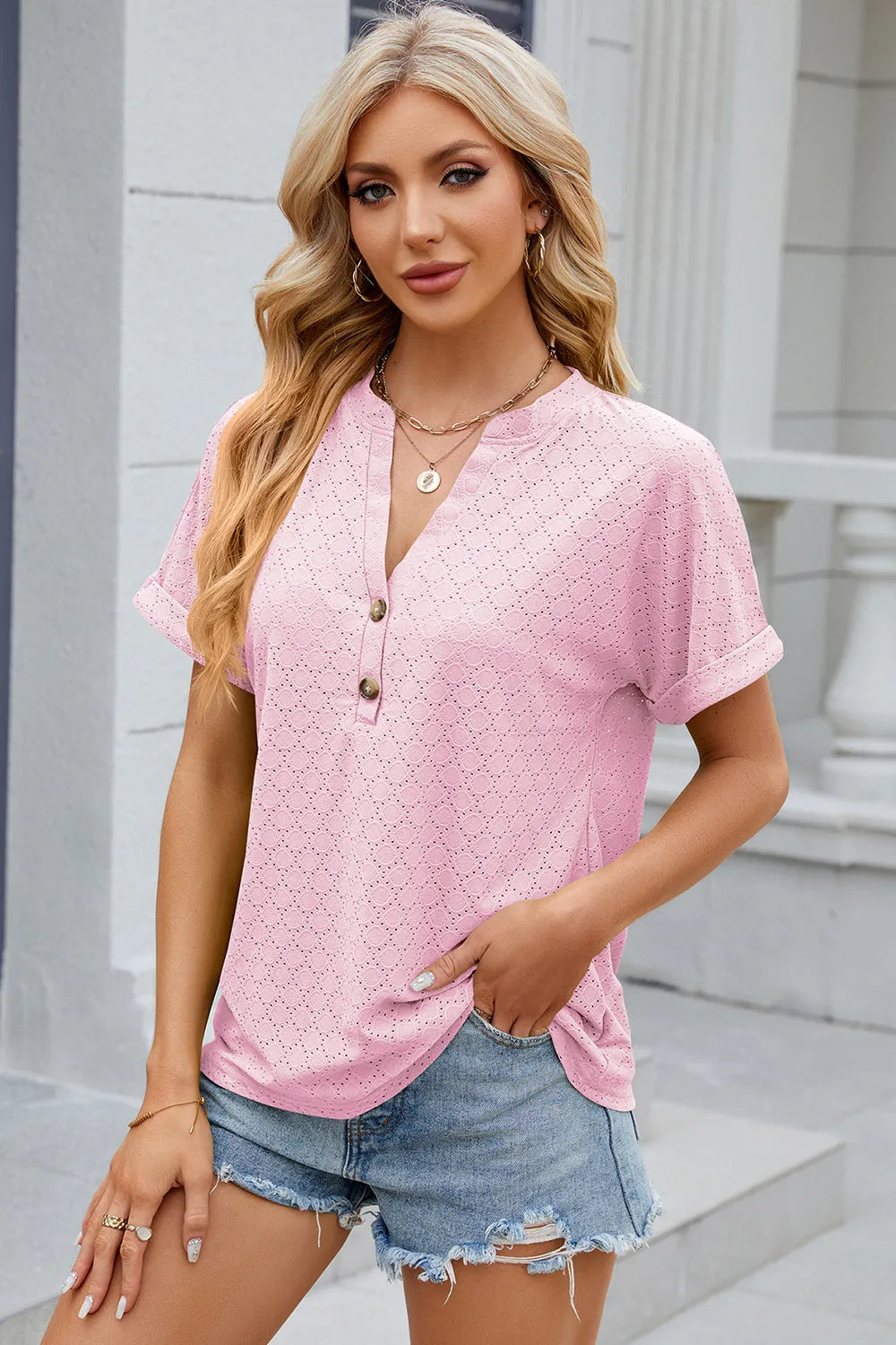 Eyelet Notched Short Sleeve T-Shirt – Trendsi | ClozArt