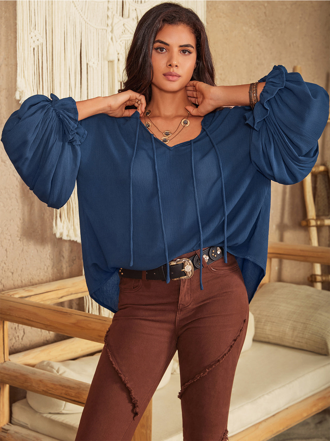 Tie Neck Long Sleeve Blouse – Trendsi | ClozArt