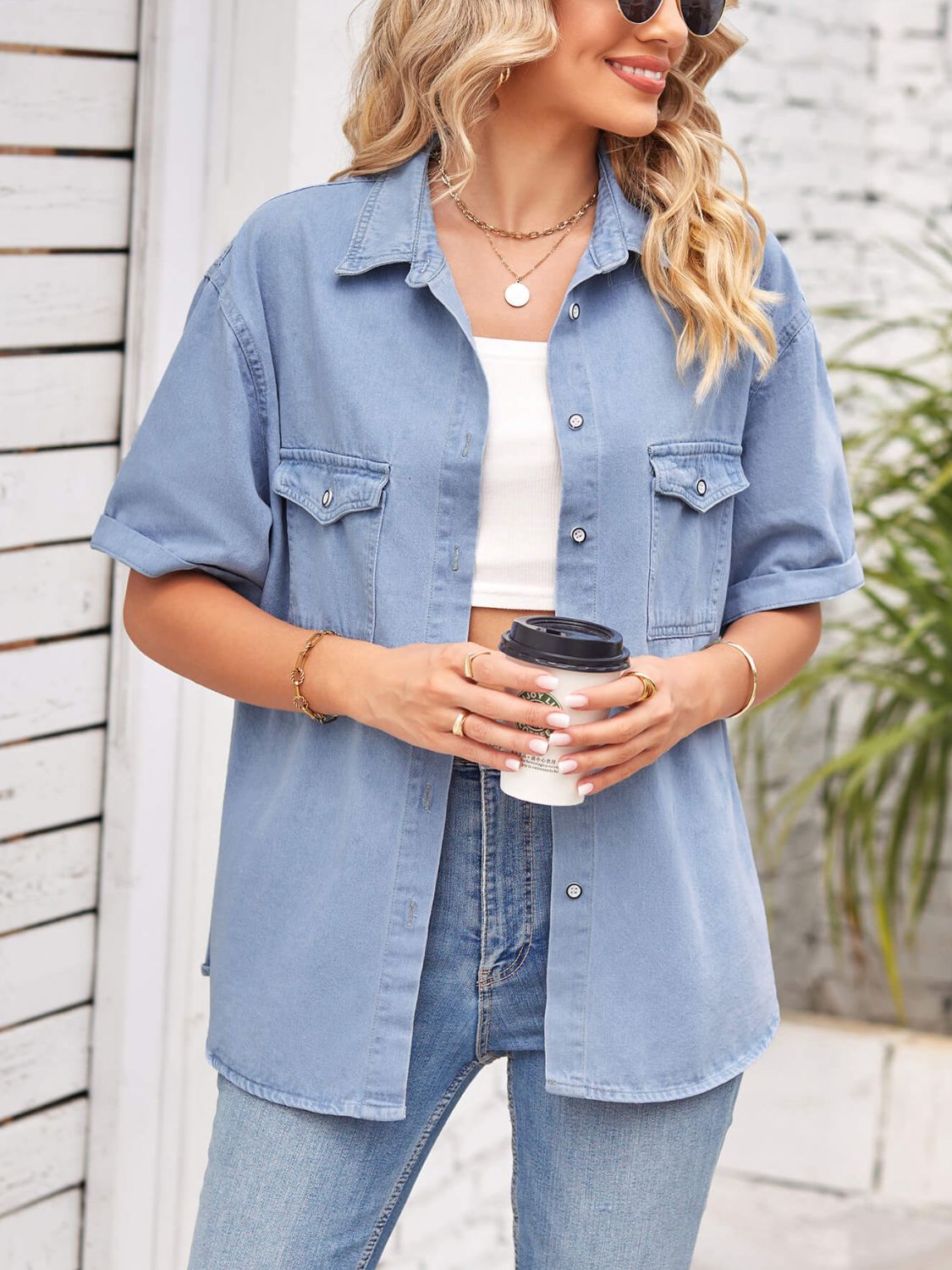 Collared Neck Short Sleeve Denim Jacket – Trendsi | ClozArt