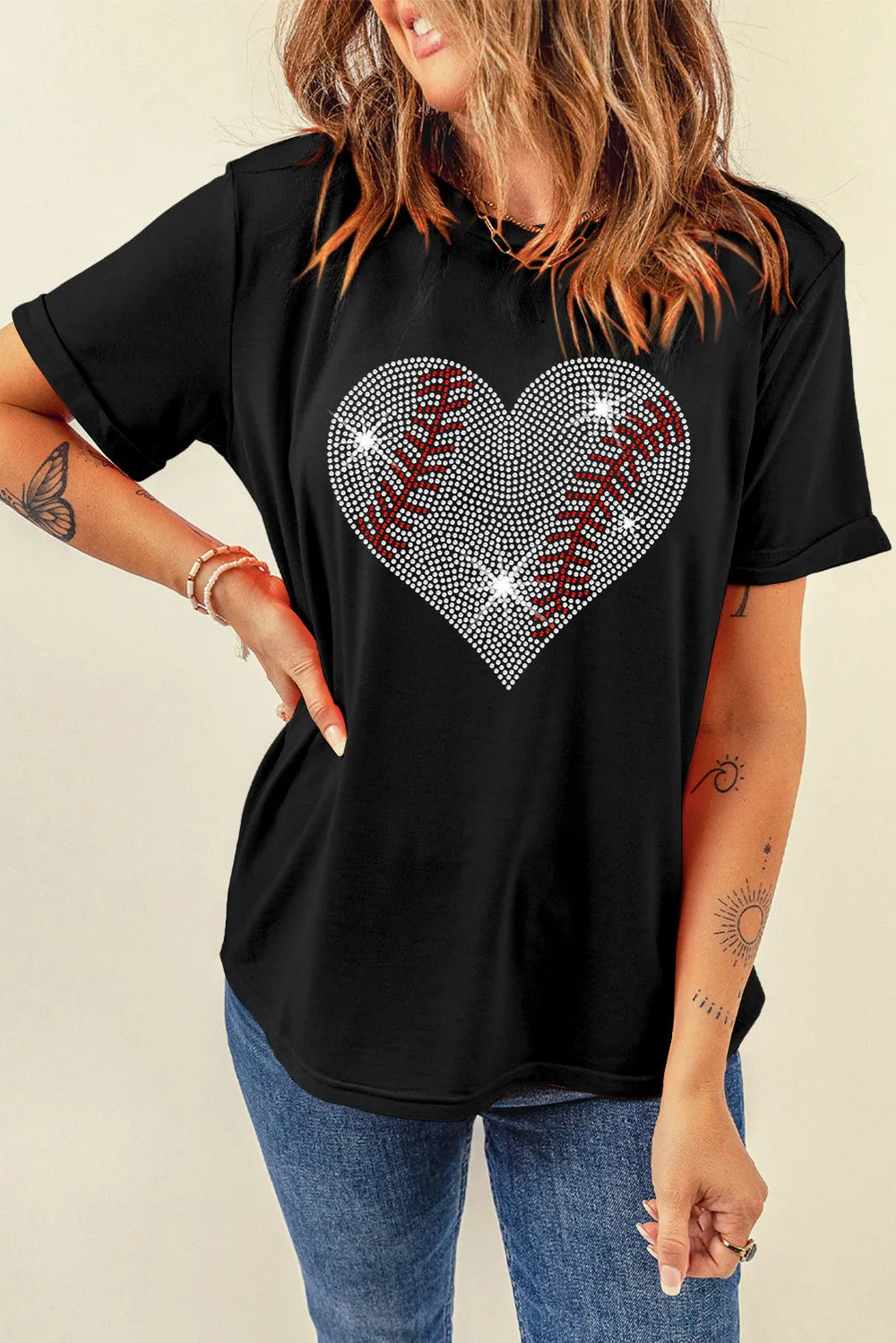 Rhinestone Heart Round Neck Short Sleeve T-Shirt – Trendsi | ClozArt