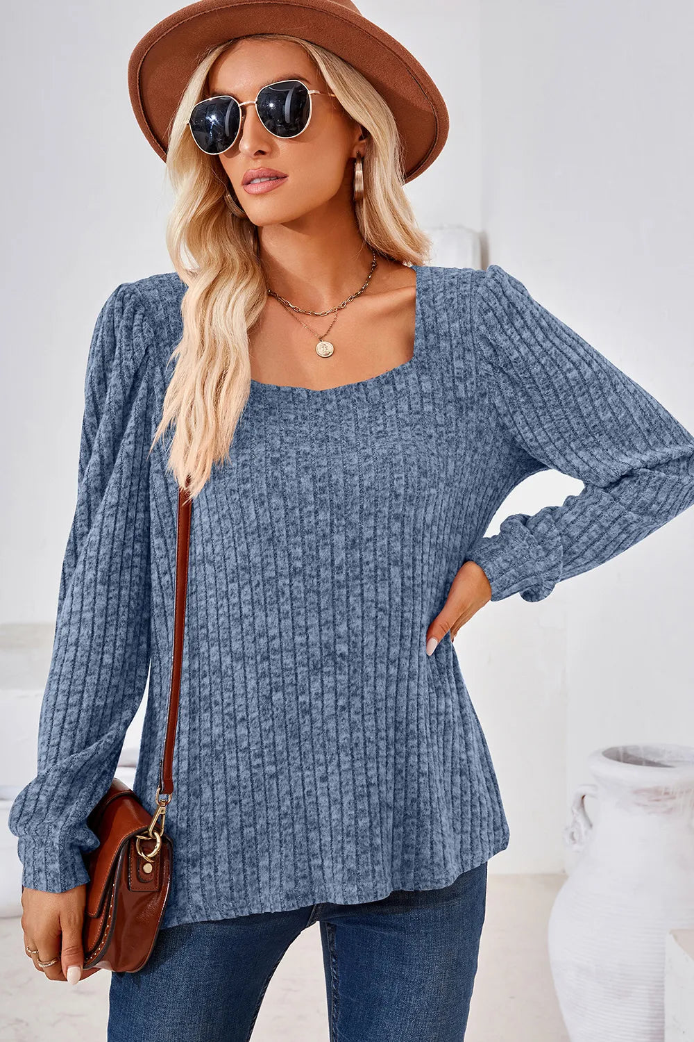 Ribbed Square Neck Long Sleeve T-Shirt – Trendsi | ClozArt