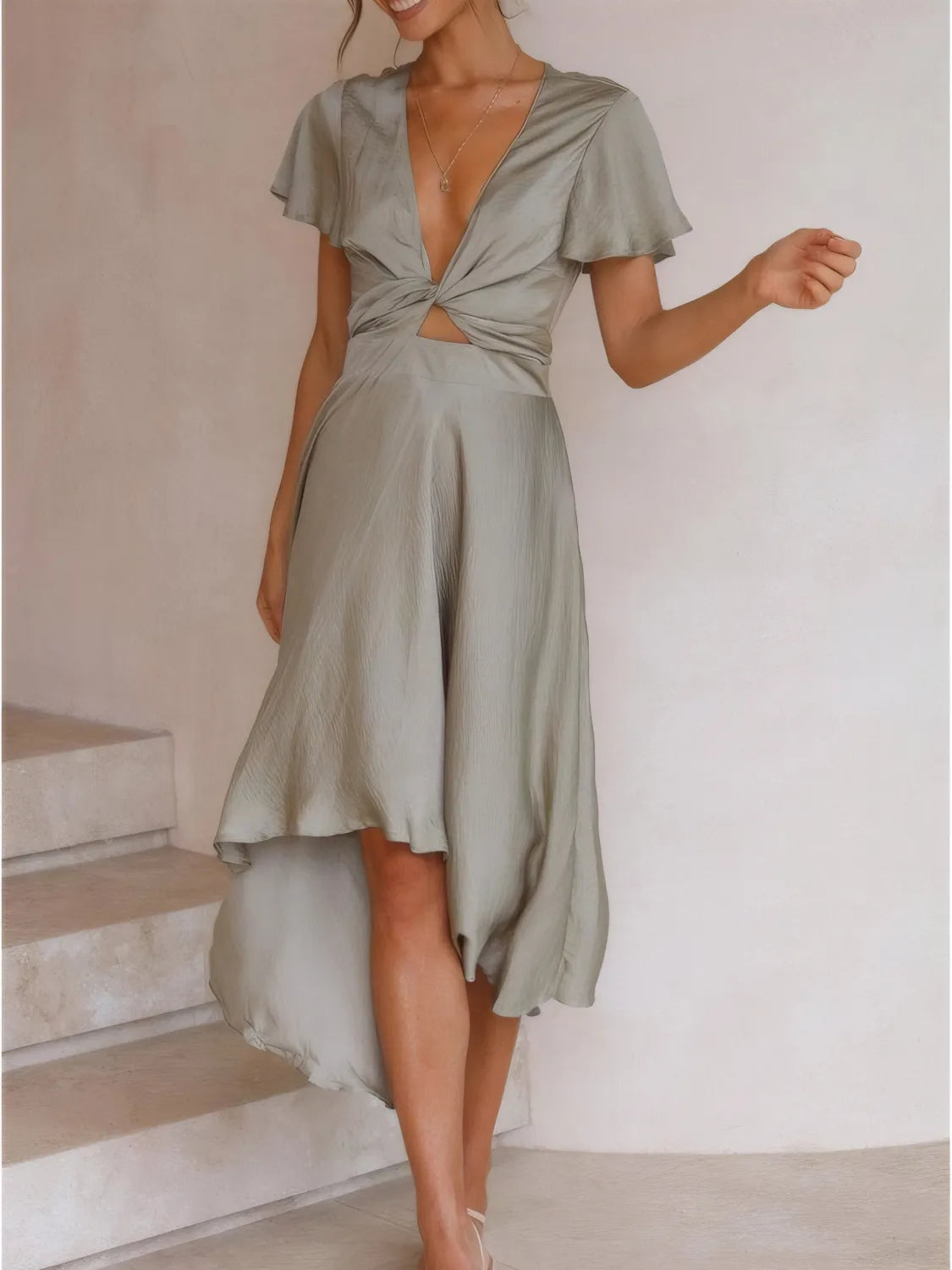 High-Low Plunge Flutter Sleeve Dress – Trendsi | ClozArt