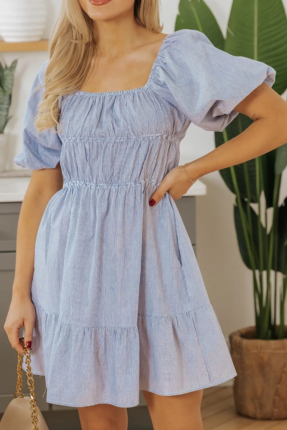 Striped Bubble Sleeve Ruched Babydoll Dress – Trendsi | ClozArt