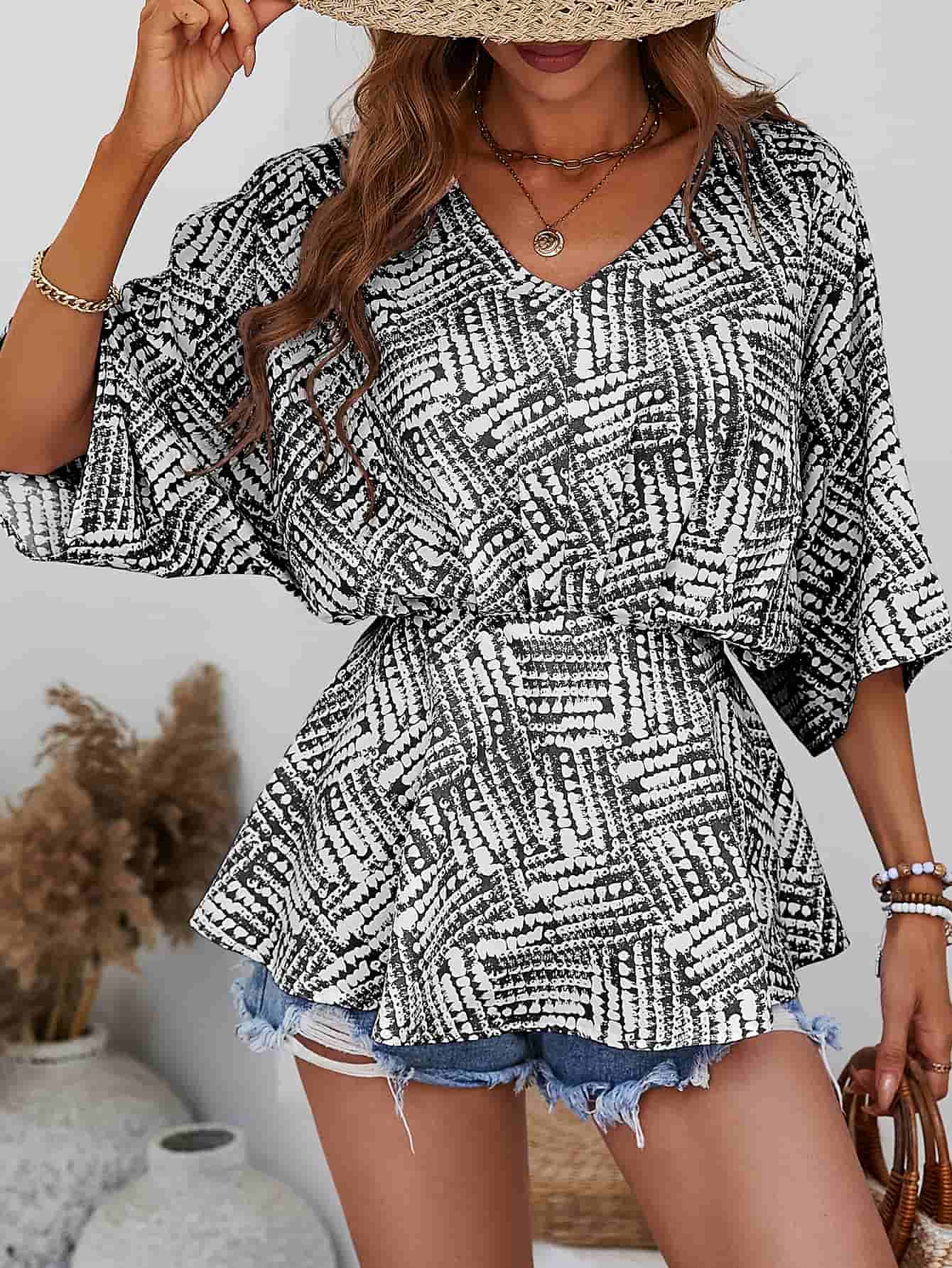 Printed V-Neck Dolman Sleeve Blouse – Trendsi | ClozArt