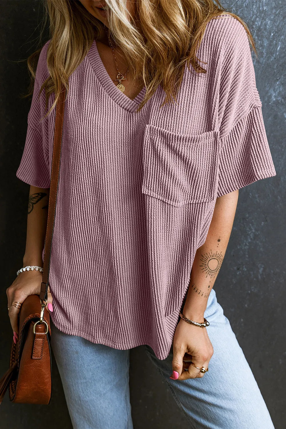 Textured V-Neck Dropped Shoulder T-Shirt – Trendsi | ClozArt