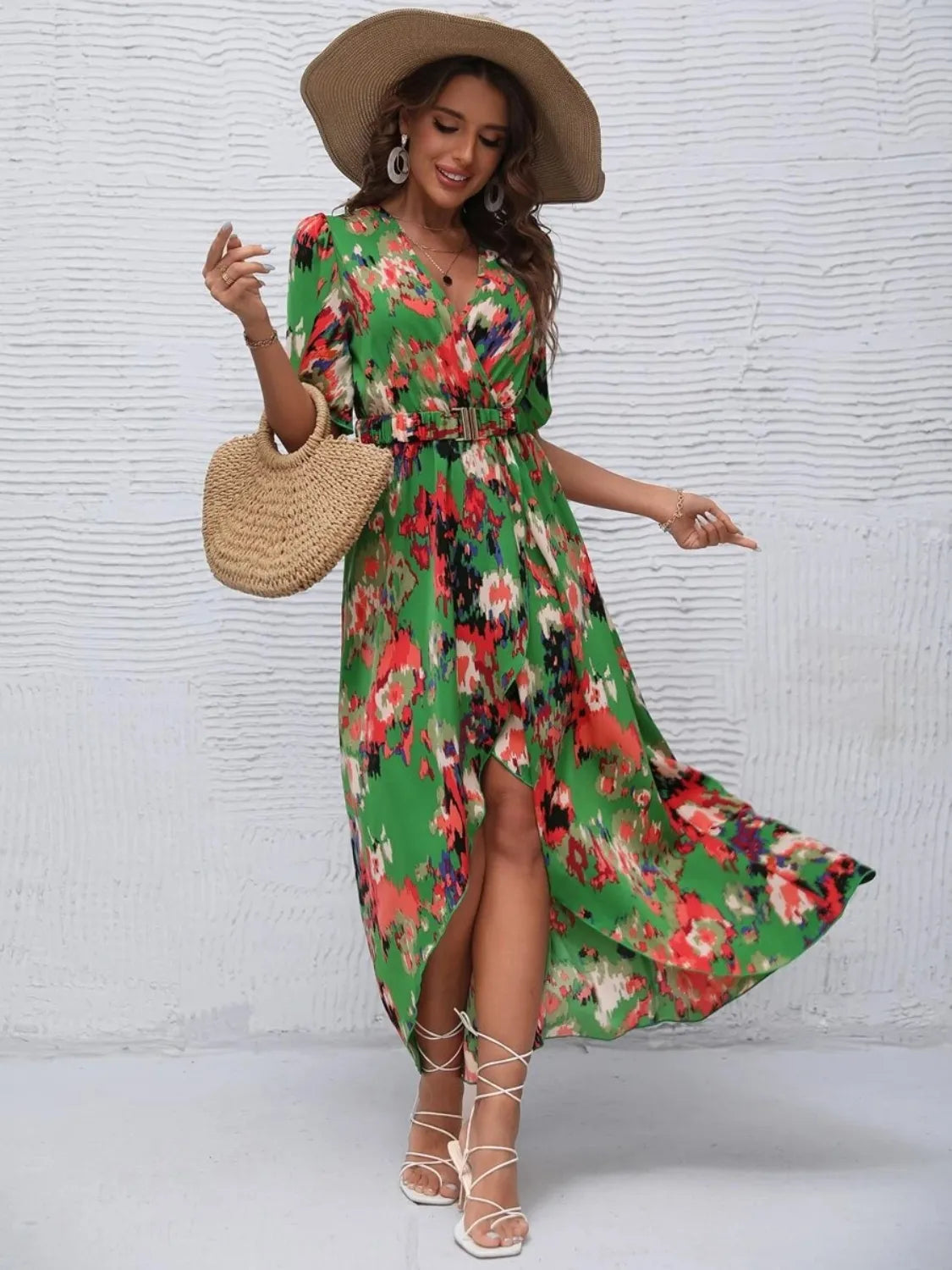 Printed Surplice Short Sleeve Maxi Dress – Trendsi | ClozArt