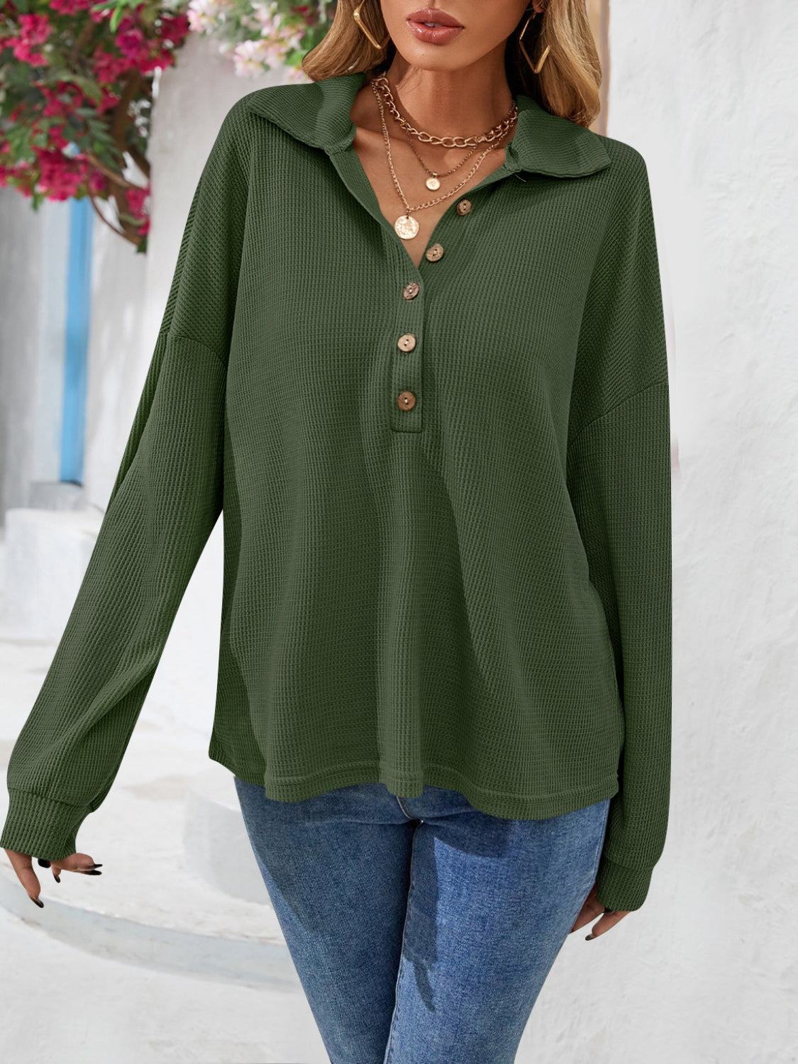Half Button Collared Neck Long Sleeve Top – Trendsi | ClozArt