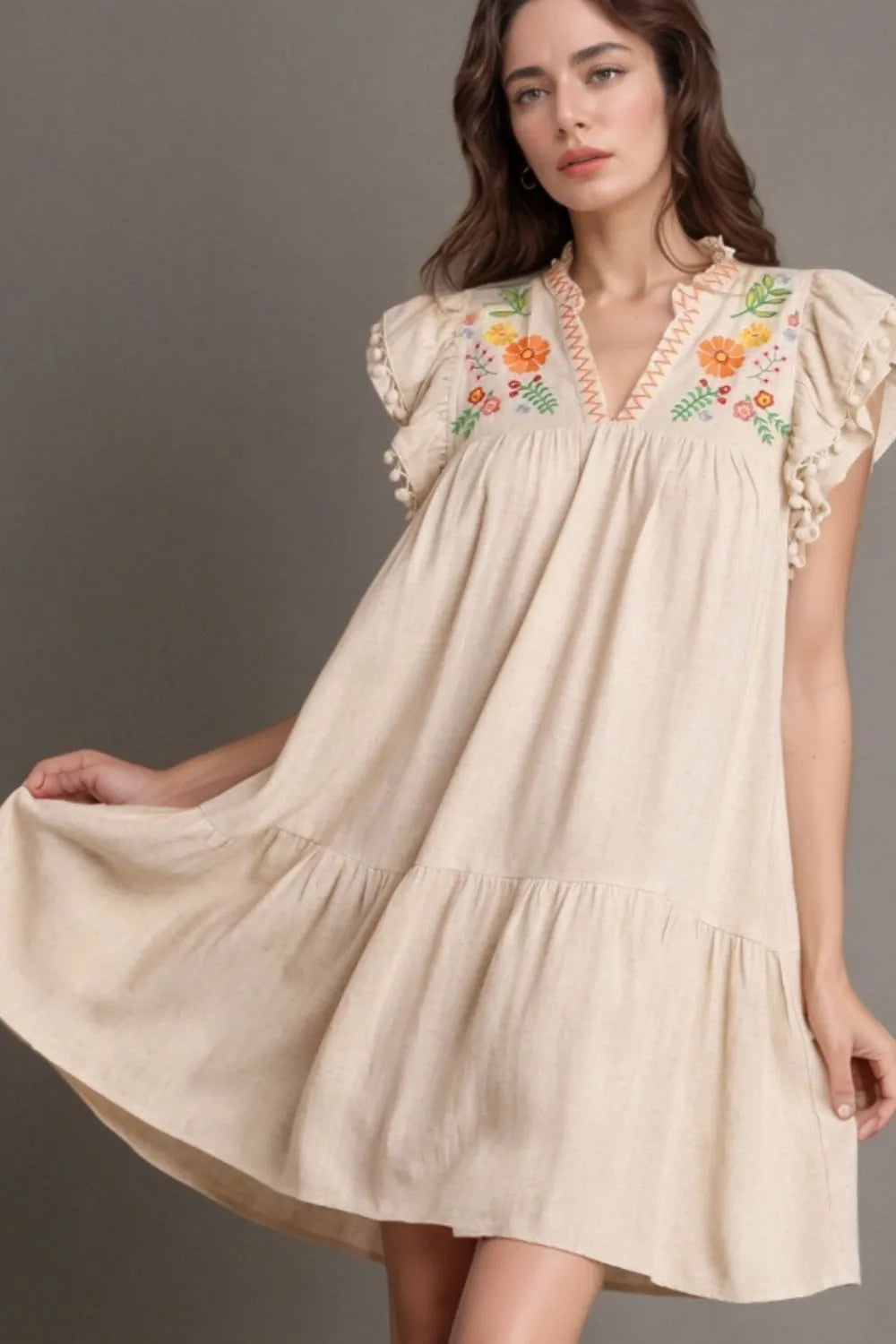 Floral Embroidery Pom Pom Ruffle Sleeves Mini Dress – Trendsi | ClozArt