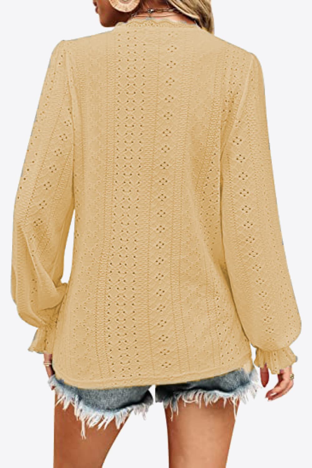 Eyelet V-Neck Flounce Sleeve Blouse – Trendsi | ClozArt