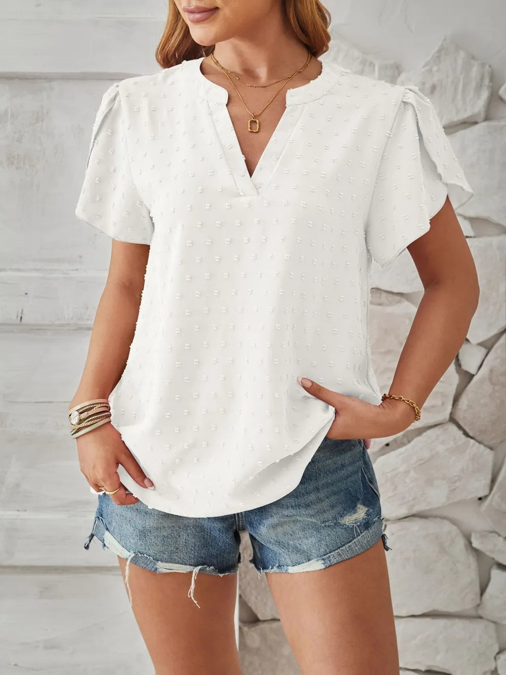 Swiss Dot Notched Petal Sleeve T-Shirt – Trendsi | ClozArt