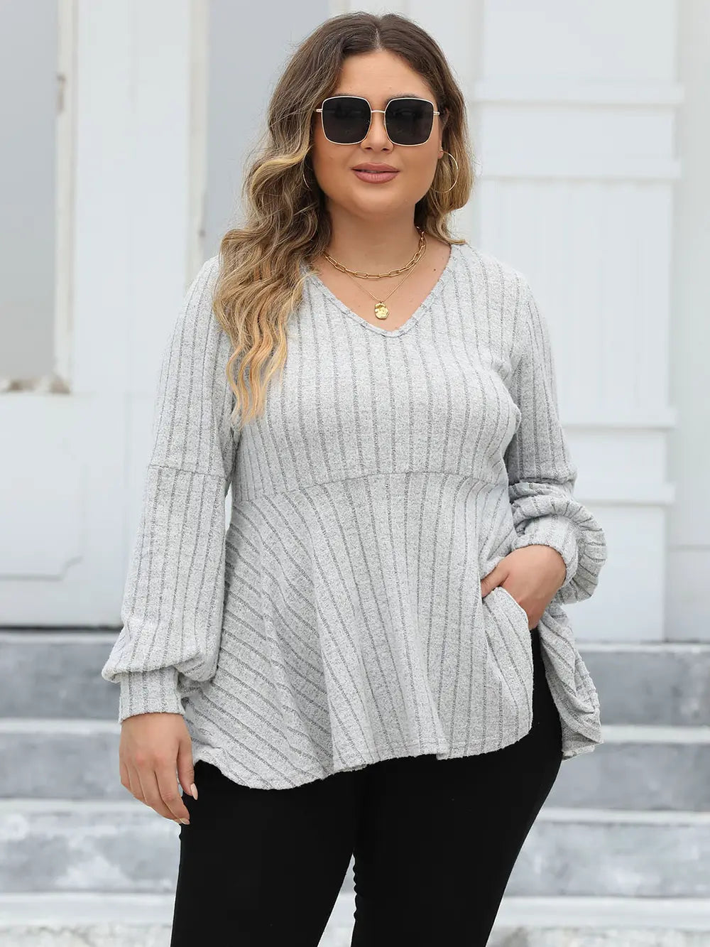 Plus Size Ribbed V-Neck Long Sleeve Blouse – Trendsi | ClozArt