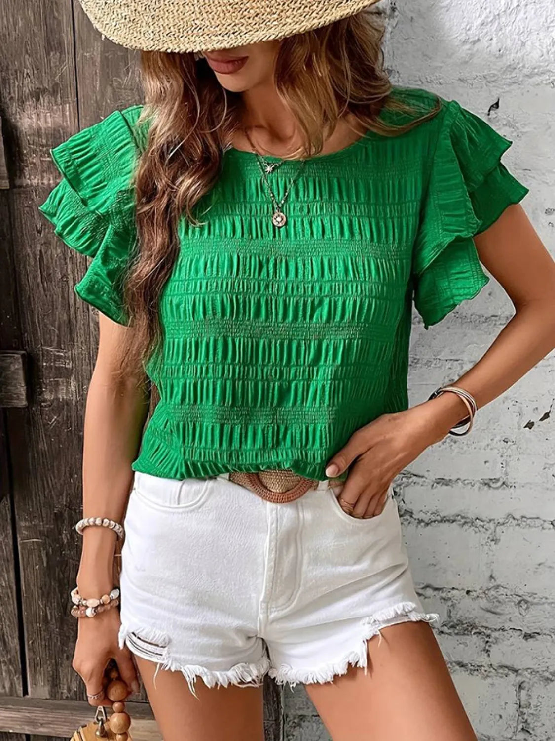 Round Neck Ruffled Short Sleeve Top – Trendsi | ClozArt