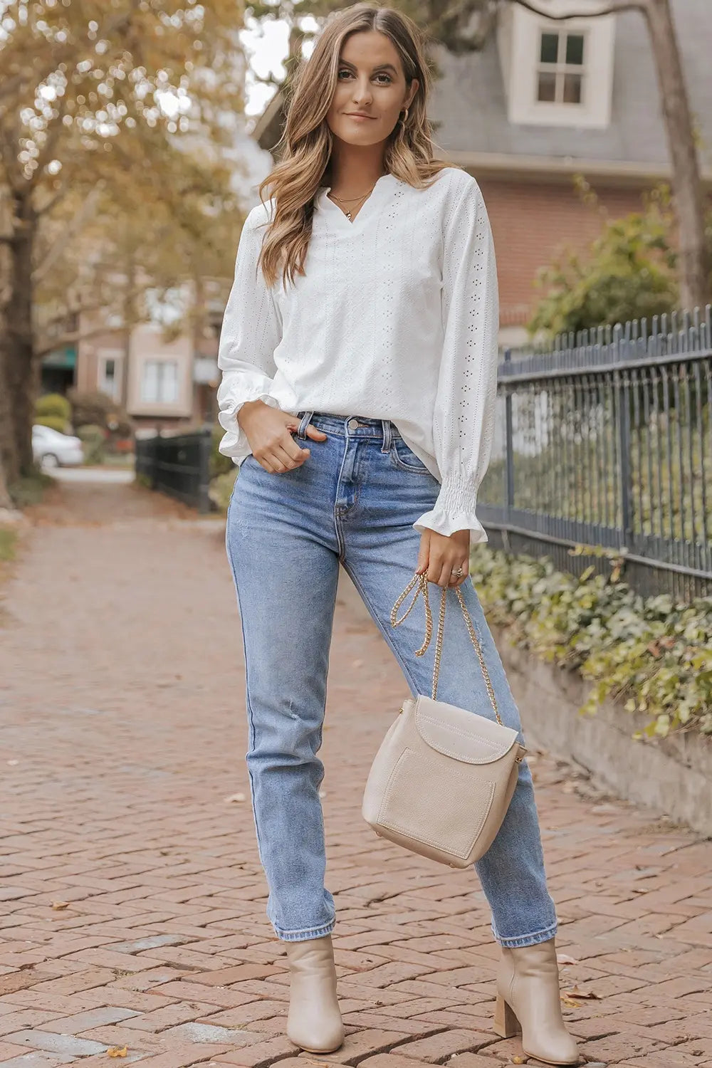 Openwork Notched Flounce Sleeve Blouse – Trendsi | ClozArt