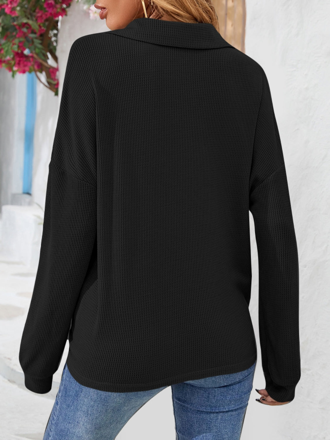 Half Button Collared Neck Long Sleeve Top – Trendsi | ClozArt