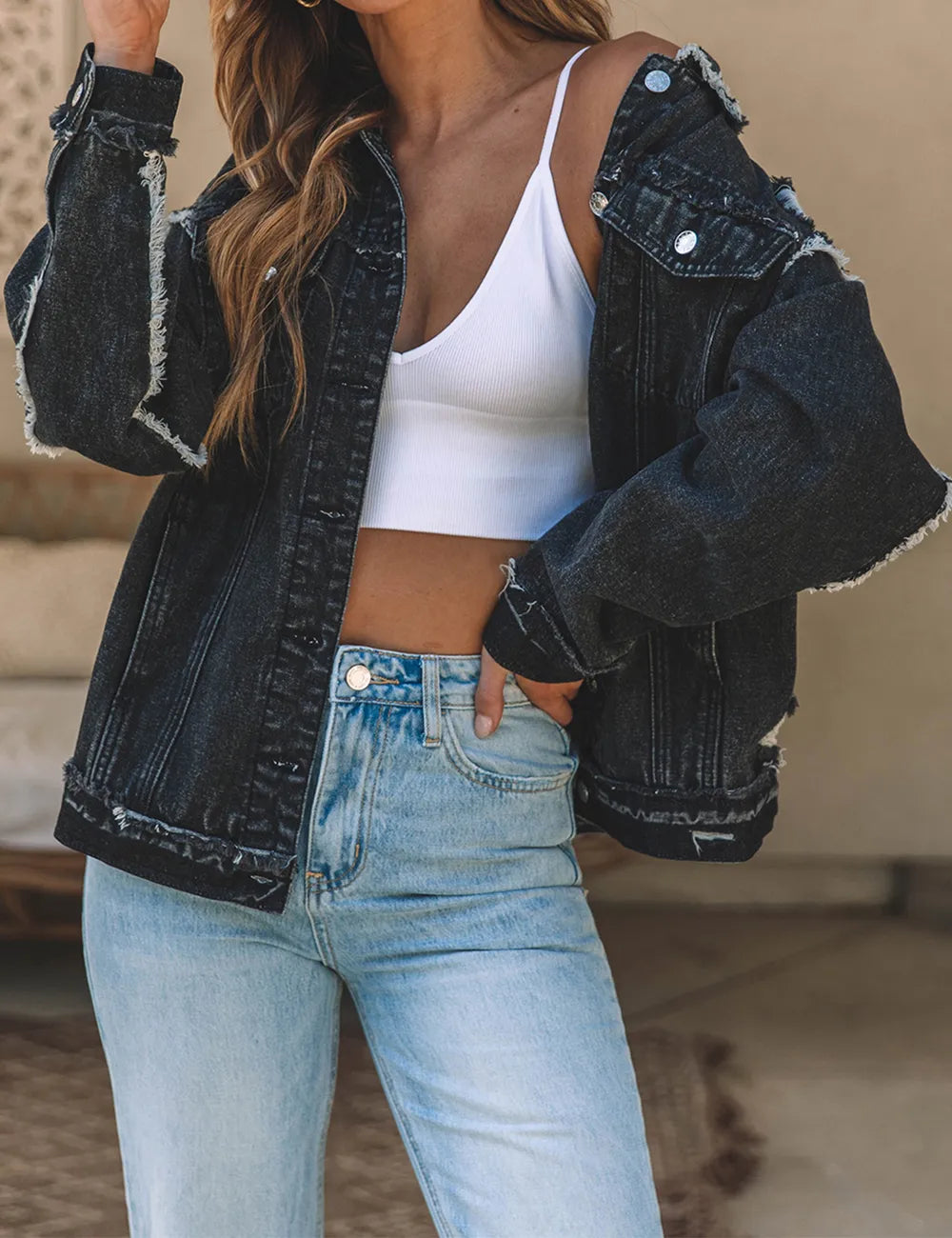 Button Up Raw Hem Distressed Denim Jacket – Trendsi | ClozArt
