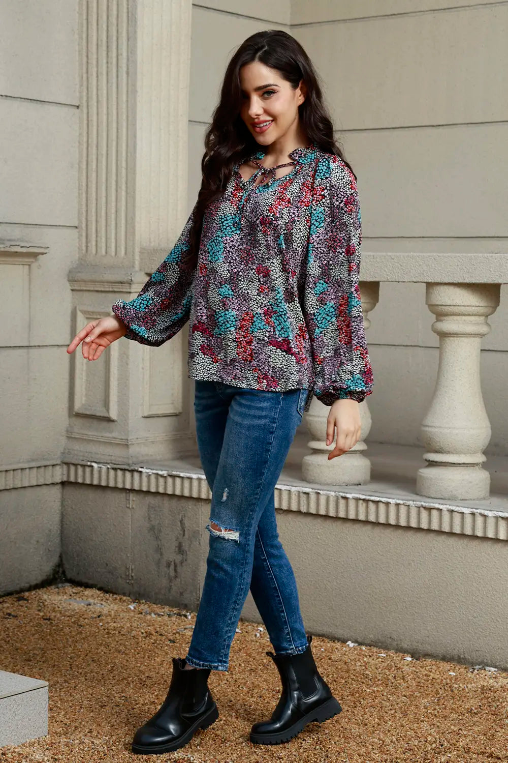 Tie Neck Heathered Balloon Sleeve Blouse – Trendsi | ClozArt