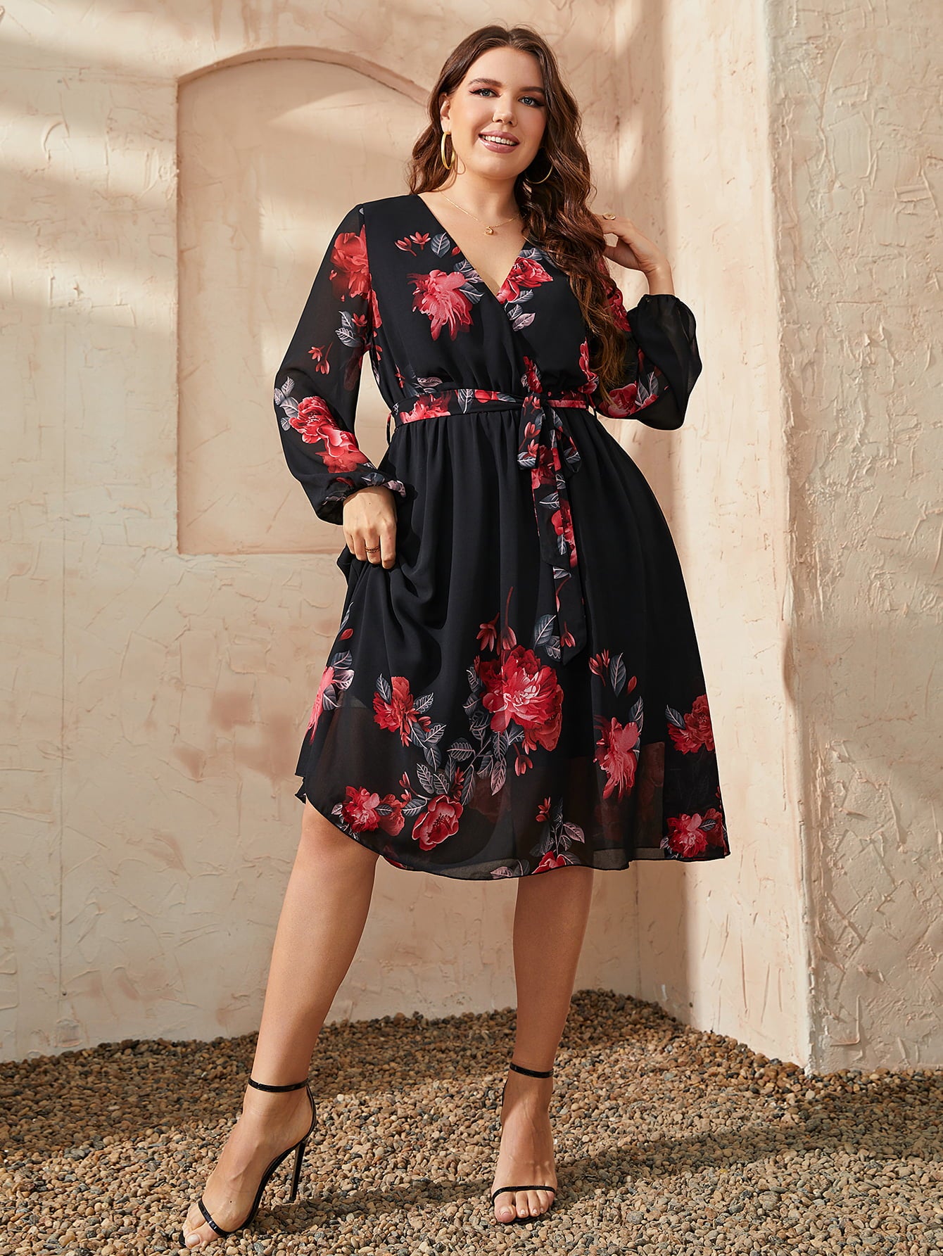Honey Plus Size Floral Surplice Neck Tie Waist Dress – Trendsi | ClozArt