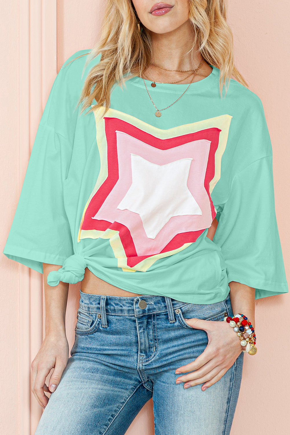 Moonlight Jade Colorblock Star Patched Half Sleeve Oversized Tee – Shewin | ClozArt