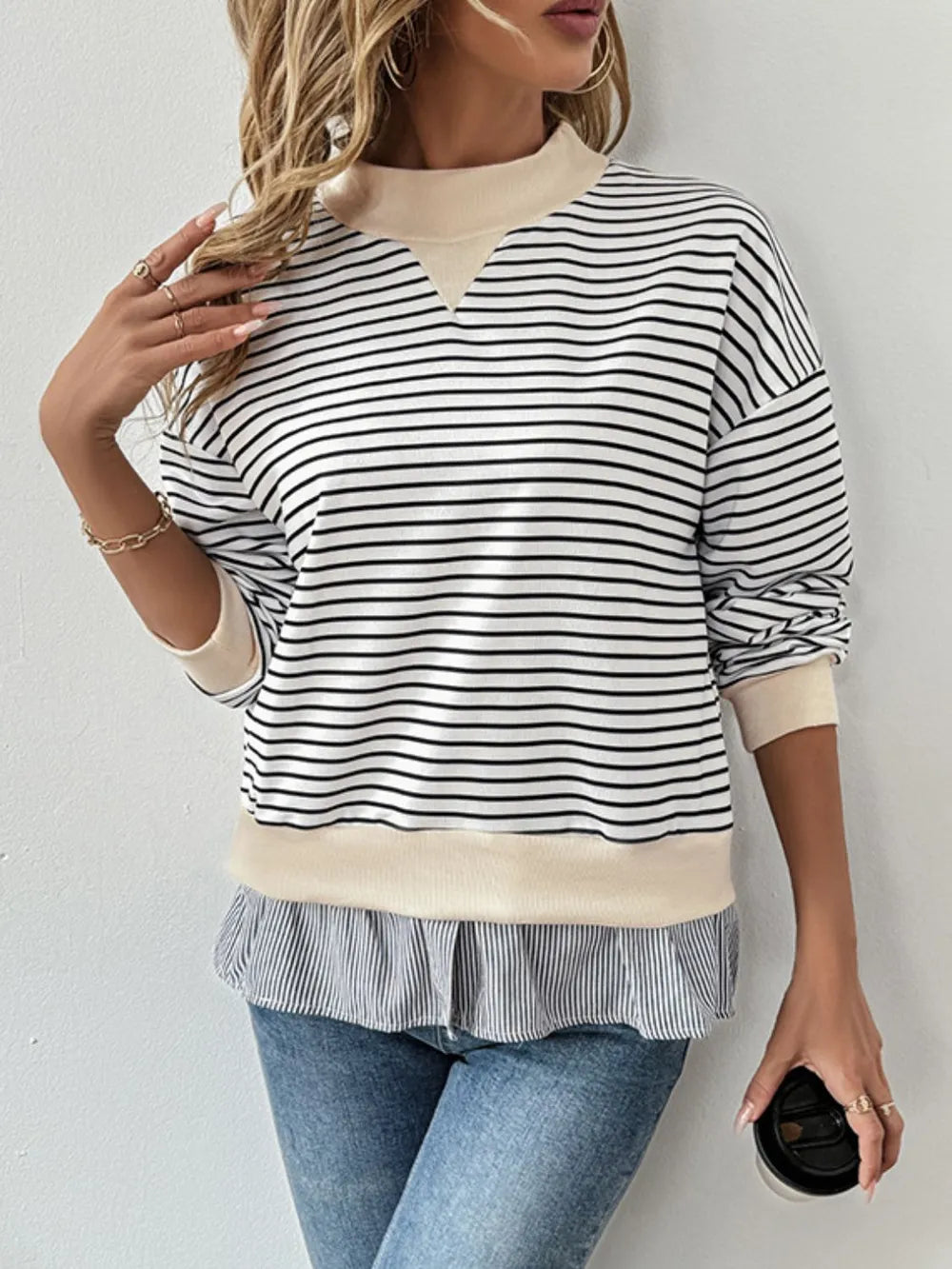 Perfee Faux Layered Striped Long Sleeve Sweatshirt – Trendsi | ClozArt