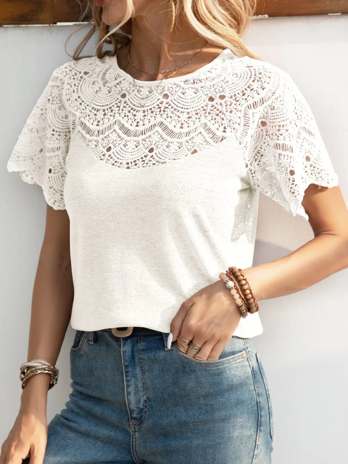 Round Neck Short Sleeve Crochet Top – Trendsi | ClozArt