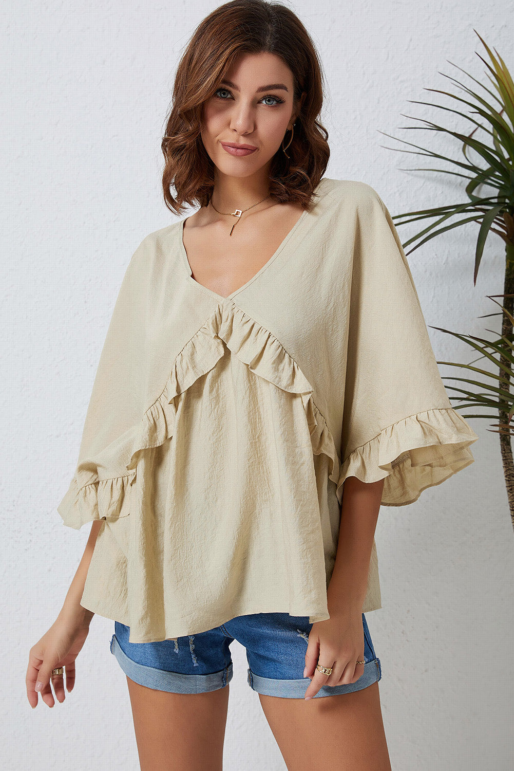 Ruffled V-Neck Half Sleeve Blouse – Trendsi | ClozArt