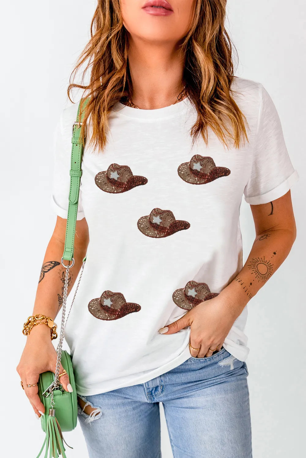 Sequin Hat Round Neck Short Sleeve T-Shirt – Trendsi | ClozArt