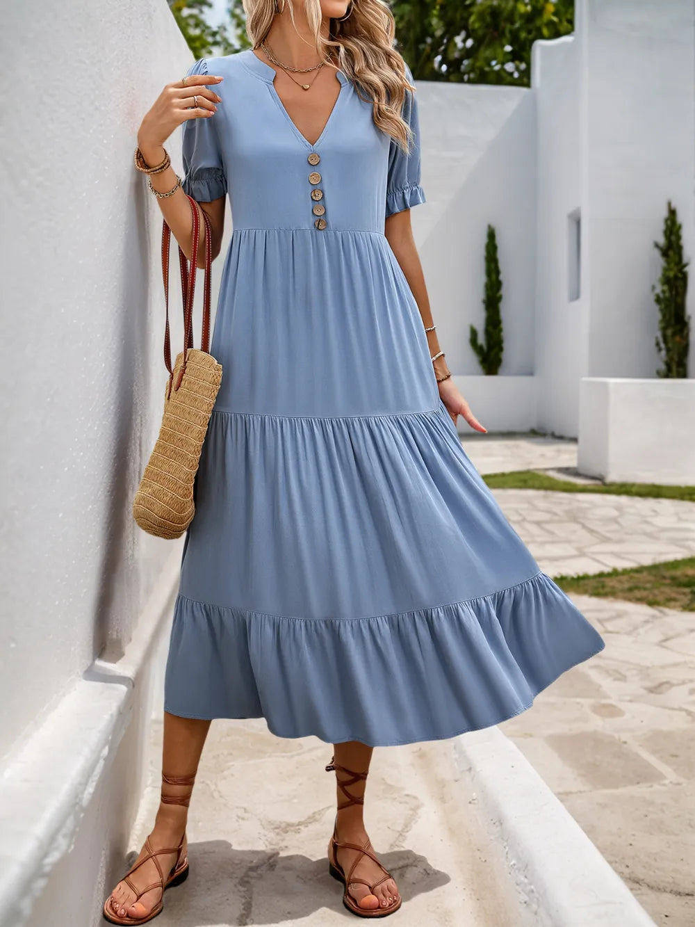 Notched Short Sleeve Tiered Midi Dress – Trendsi | ClozArt