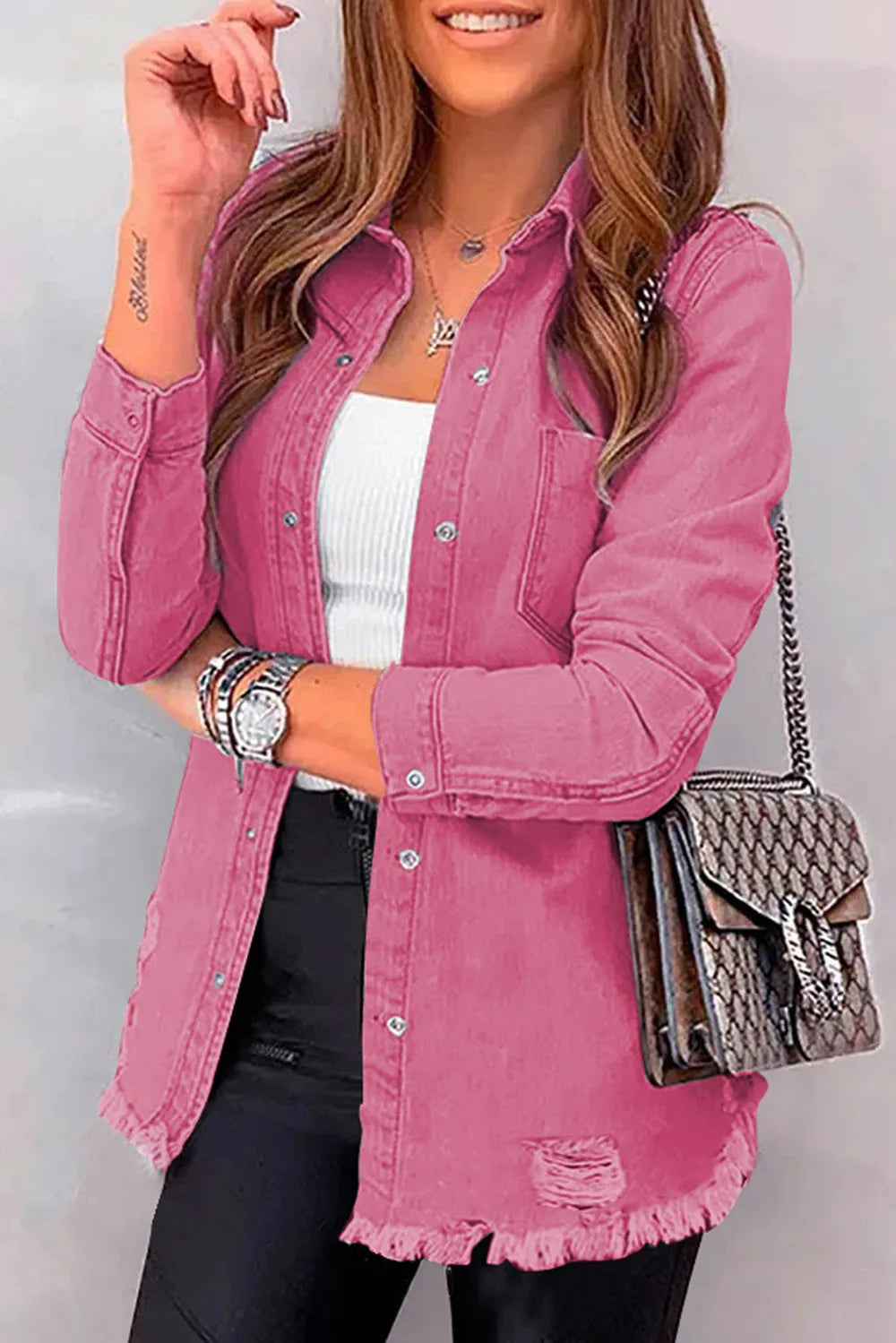 Distressed Raw Hem Snap Down Denim Jacket – Trendsi | ClozArt
