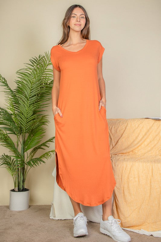 Hidden Pocket Batwing Sleeve V Neck Long Dress – Capella | ClozArt