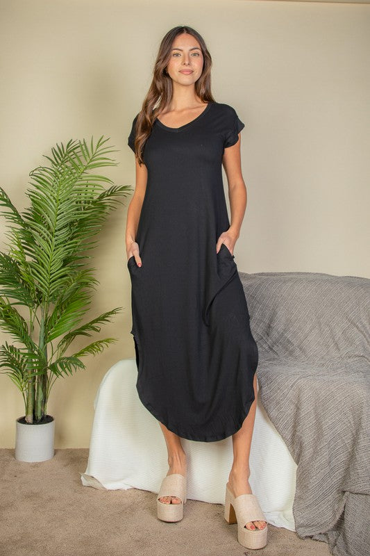Hidden Pocket Batwing Sleeve V Neck Long Dress – Capella | ClozArt