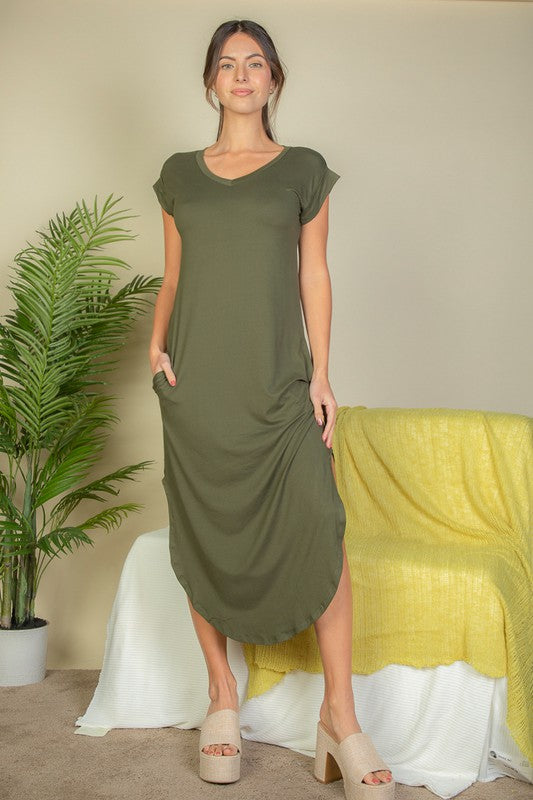 Hidden Pocket Batwing Sleeve V Neck Long Dress – Capella | ClozArt