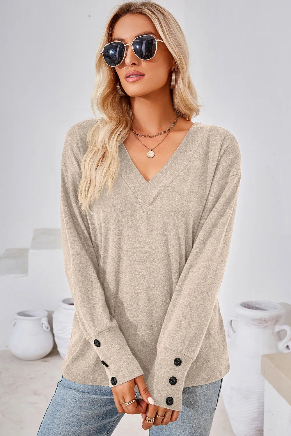 V-Neck Dropped Shoulder T-Shirt – Trendsi | ClozArt