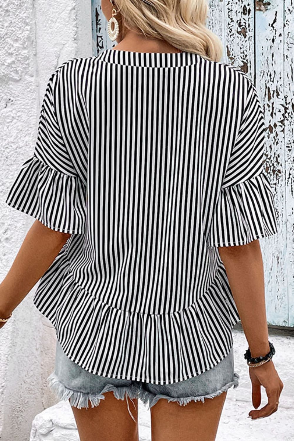 Perfee Striped Asymmetrical Flounce Sleeve Blouse – Trendsi | ClozArt