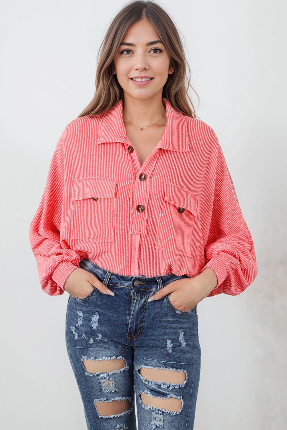 Buttoned Collared Neck Long Sleeve Top – Trendsi | ClozArt