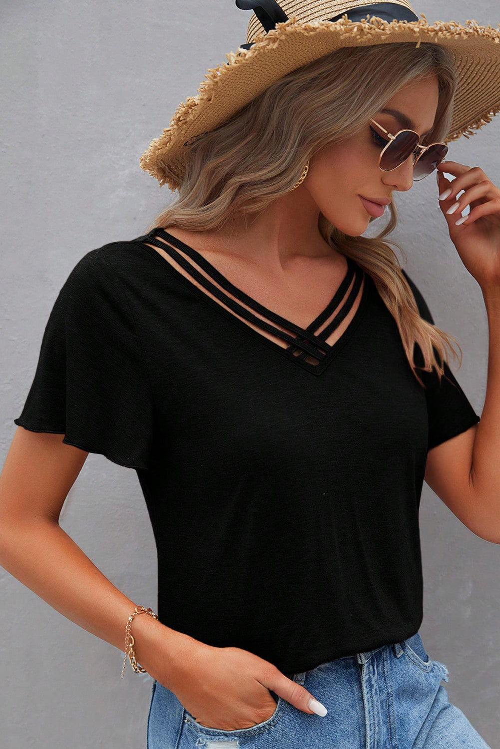 Mist Green Crisscross V Neck Flutter Sleeve T Shirt – Shewin | ClozArt
