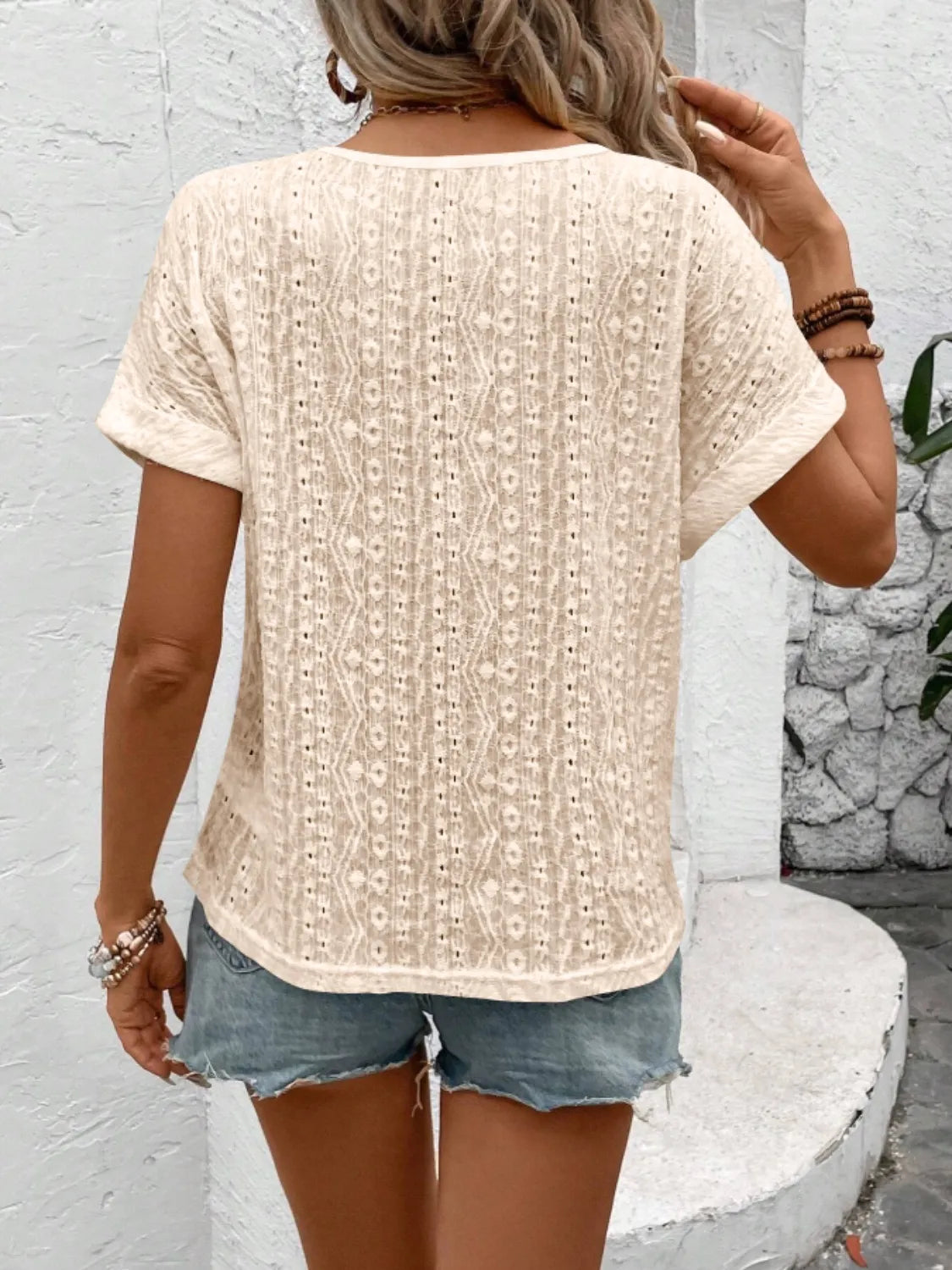 Eyelet Round Neck Short Sleeve Top – Trendsi | ClozArt
