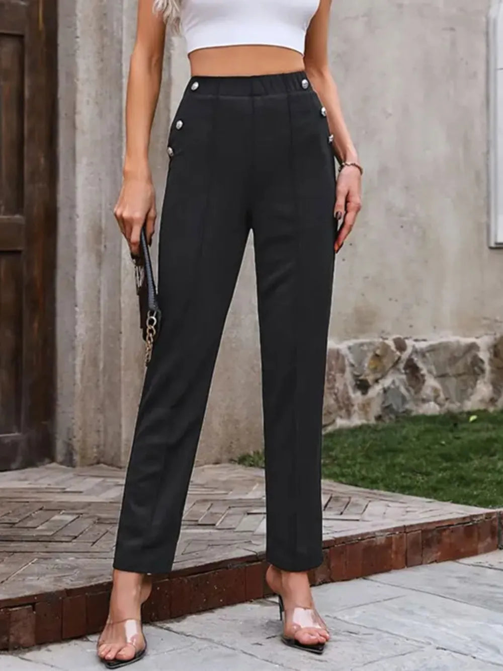 Decorative Button Elastic Waist Pants – Trendsi | ClozArt