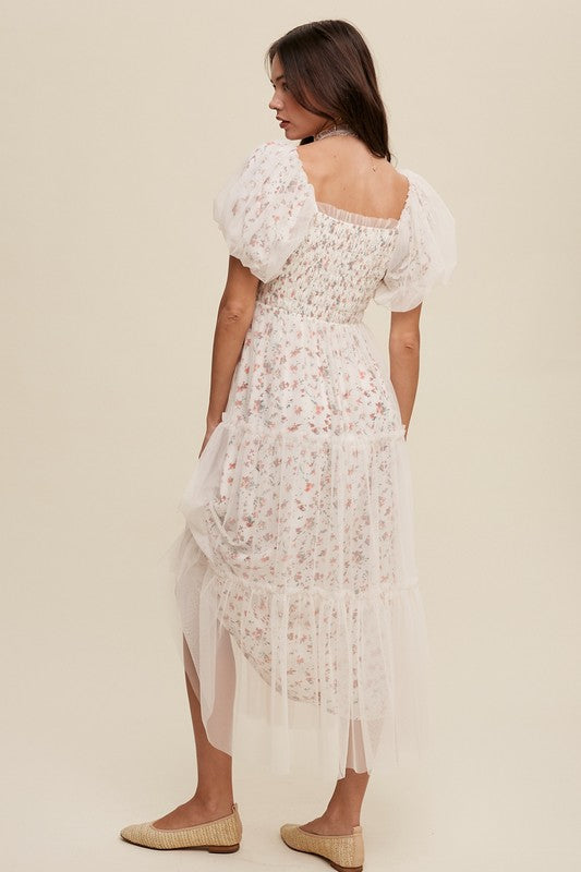 Floral Print and Mesh Puff Sleeve Maxi Dress – Listicle | ClozArt