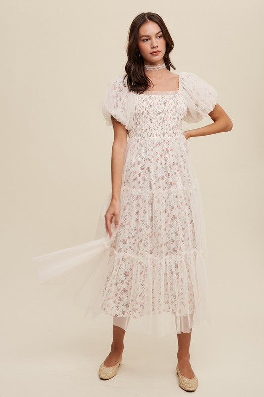 Floral Print and Mesh Puff Sleeve Maxi Dress – Listicle | ClozArt