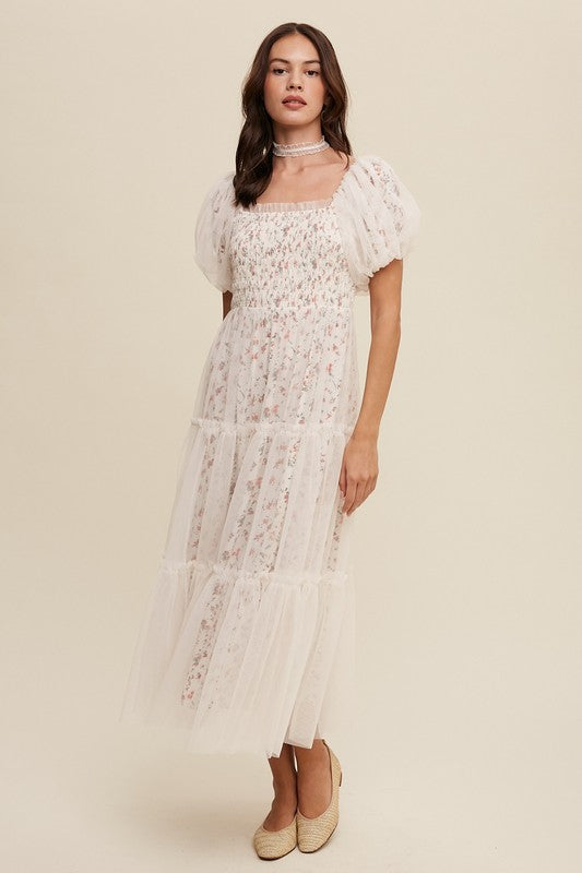 Floral Print and Mesh Puff Sleeve Maxi Dress – Listicle | ClozArt