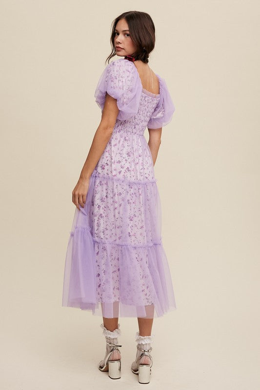 Floral Print and Mesh Puff Sleeve Maxi Dress – Listicle | ClozArt