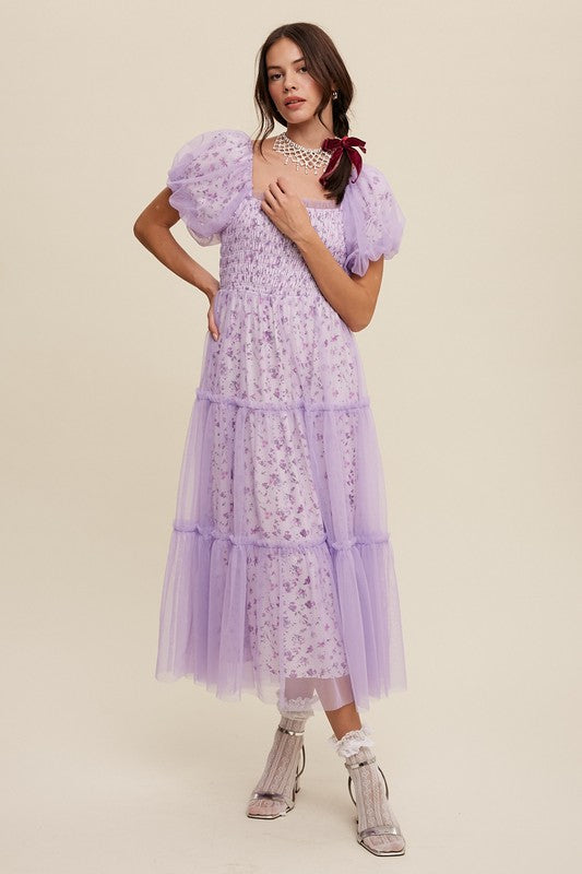 Floral Print and Mesh Puff Sleeve Maxi Dress – Listicle | ClozArt
