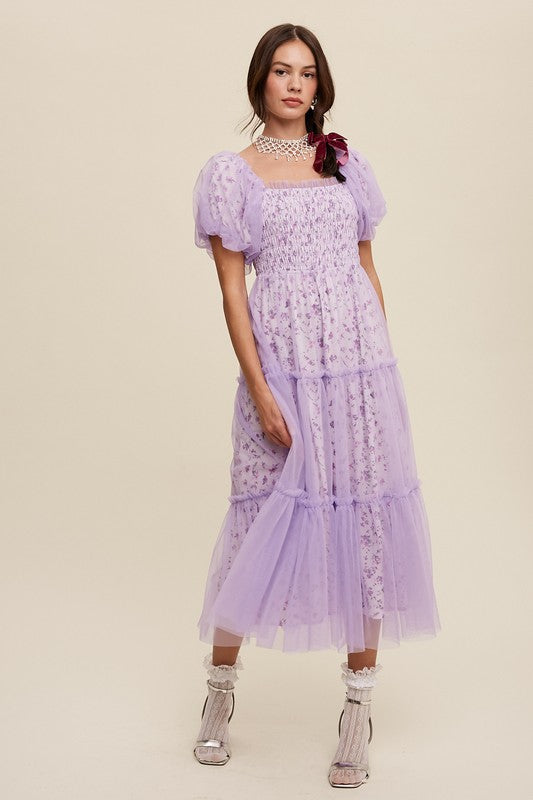 Floral Print and Mesh Puff Sleeve Maxi Dress – Listicle | ClozArt