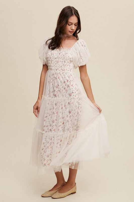 Floral Print and Mesh Puff Sleeve Maxi Dress – Listicle | ClozArt