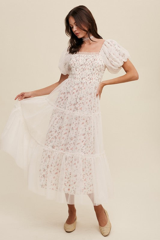 Floral Print and Mesh Puff Sleeve Maxi Dress – Listicle | ClozArt