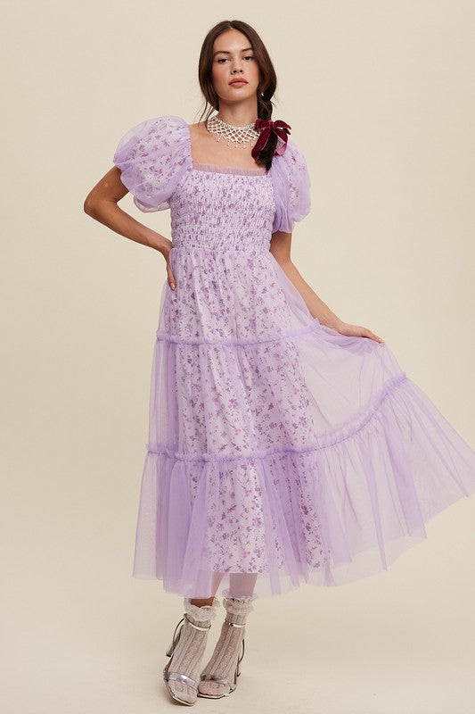 Floral Print and Mesh Puff Sleeve Maxi Dress – Listicle | ClozArt