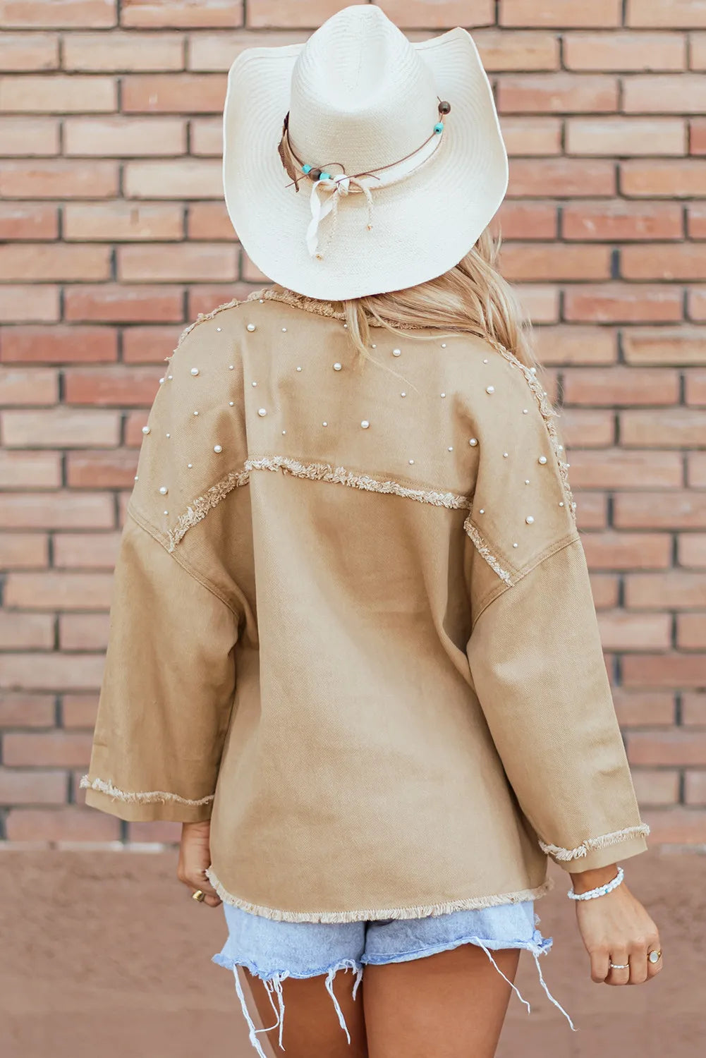 Raw Hem Pearl Trim Dropped Shoulder Denim Jacket – Trendsi | ClozArt