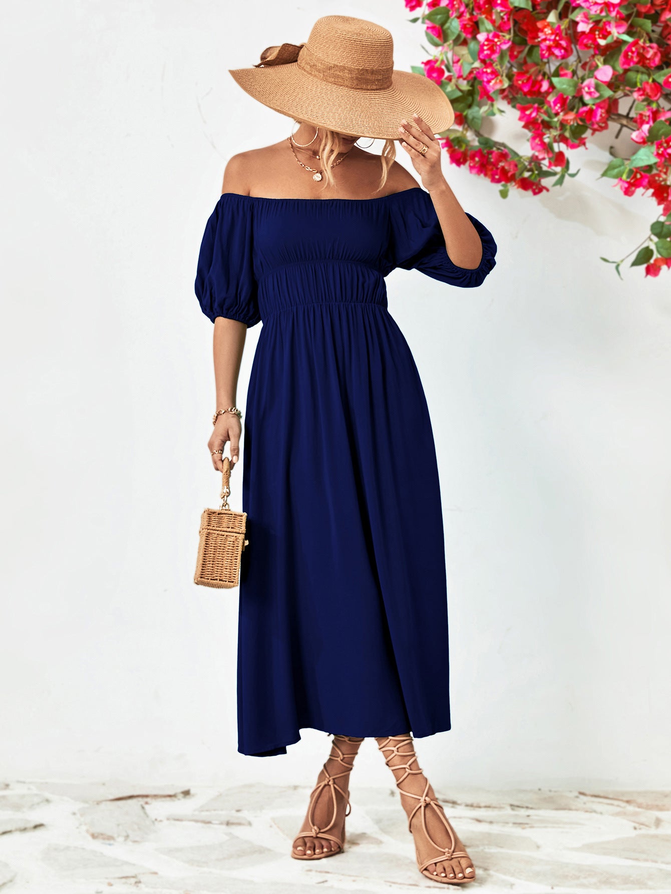 Off-Shoulder Balloon Sleeve Midi Dress – Trendsi | ClozArt