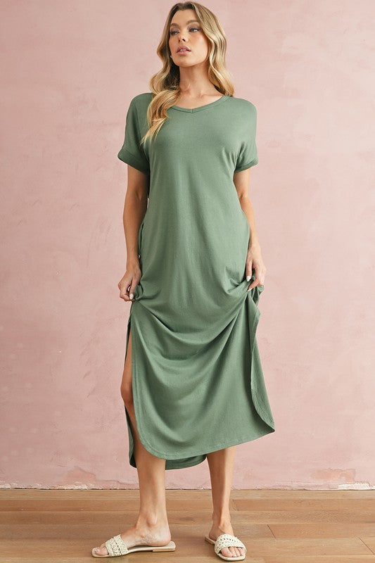 V Neck Hidden Pocket Splits Maxi T-shirt Dress – SHEWIN INC. | ClozArt